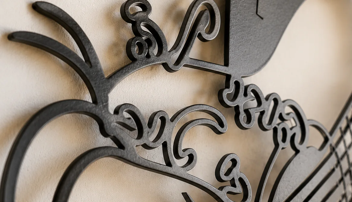 Close-up of the verse — the letters are cut directly from the metal
