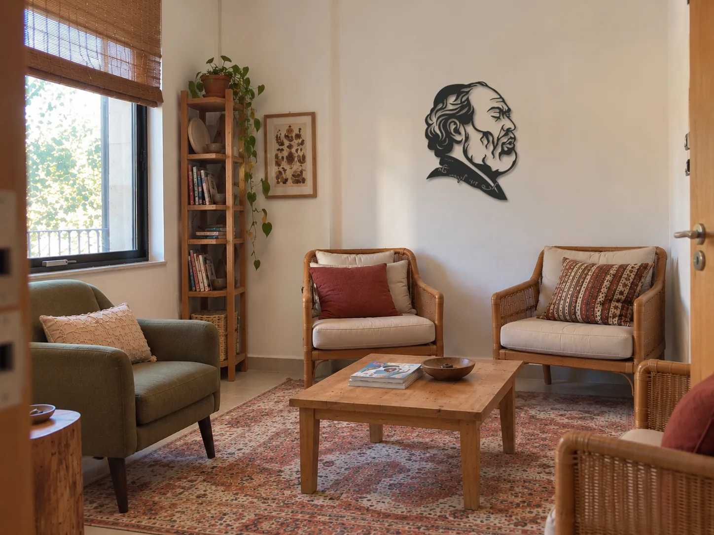 The Whistling design on the wall of a cosy boho living room
